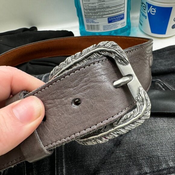 JOHN VARVATOS "PERRY" Feather Belt Buckle in Brown sz. 34 MSRP$348